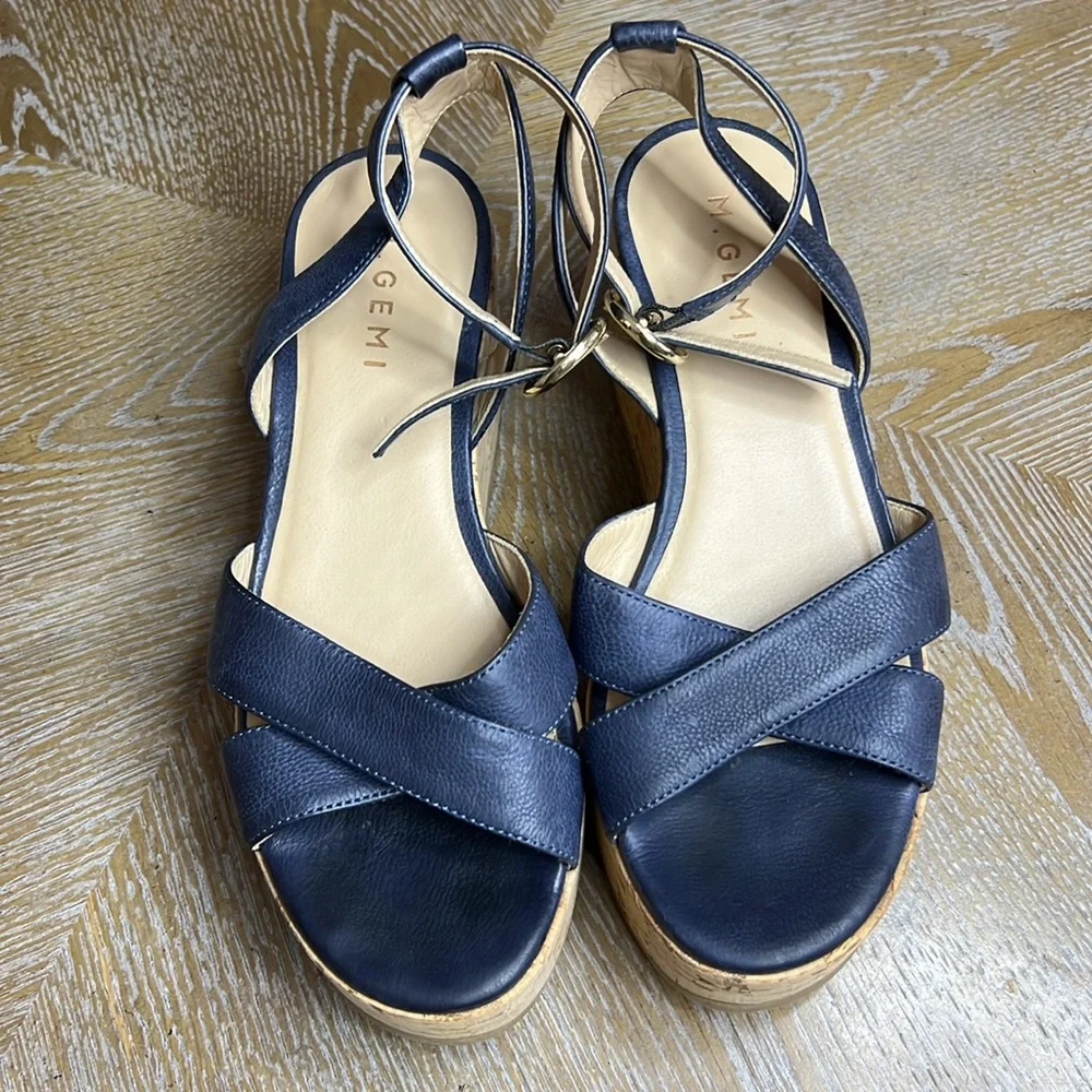 M. GEMI Women's The Linee Blue Leather Platform Cork Wedge Sandals 37